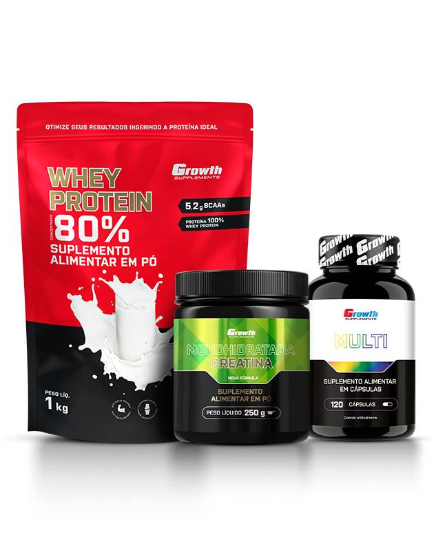Kit Whey Protein Concentrado 1kg, Creatina Monohidratada 250g e Multivitamínico 120 caps