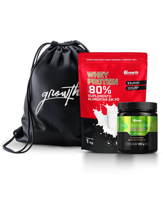 Kit Whey Protein Concentrado 1kg, Creatina Monohidratada 250g, Sacola tipo mochila preta