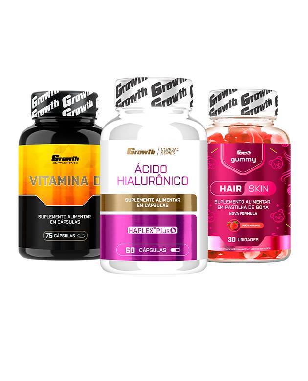 Kit Saúde da Pele: Ácido Hialurônico 60 caps + Hair Skin Gummy 30 un + Vitamina D 75 caps